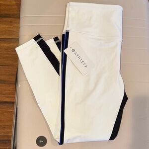 Athleta White Leggings with Black and Blue Stripes Large NWT